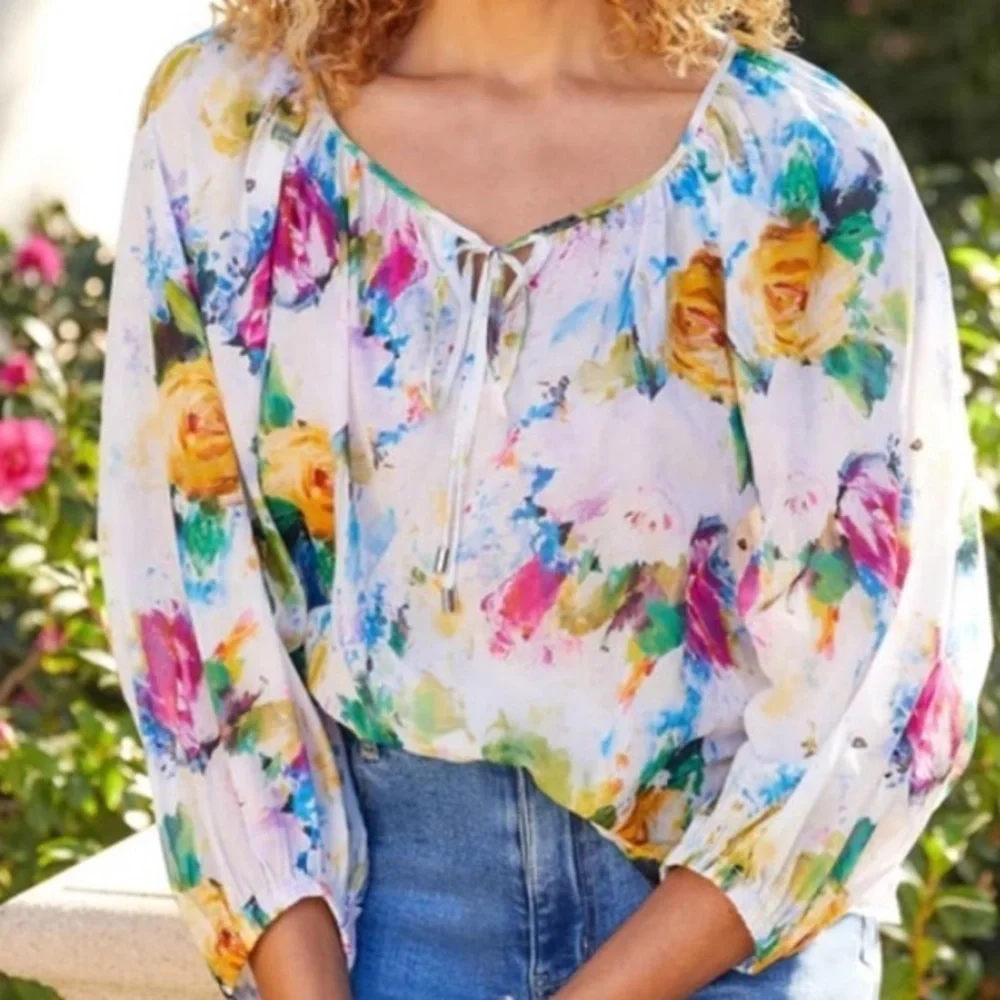 NWT Karen Kane Bright & Beachy Peasant Top White Floral Petite Small